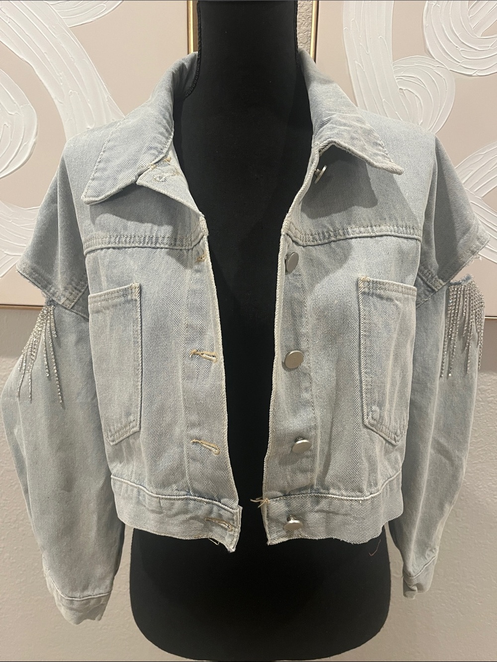 Light Wash Denim Cropped Jacket with Rhinestone Fringe